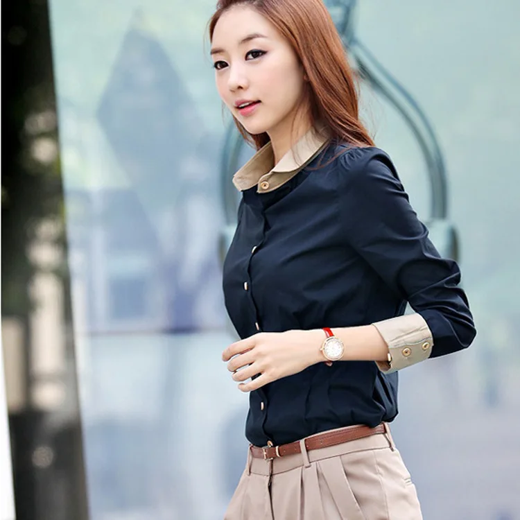 Fashion Contrast Color Slimming Long Sleeve Shirt Women Chic Turn Down Collar Professional Blouse Casual Business Patchwork Tops - Image 2
