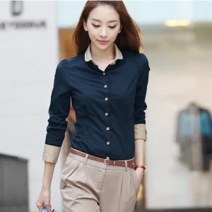 Fashion Contrast Color Slimming Long Sleeve Shirt Women Chic Turn Down Collar Professional Blouse Casual Business Patchwork Tops