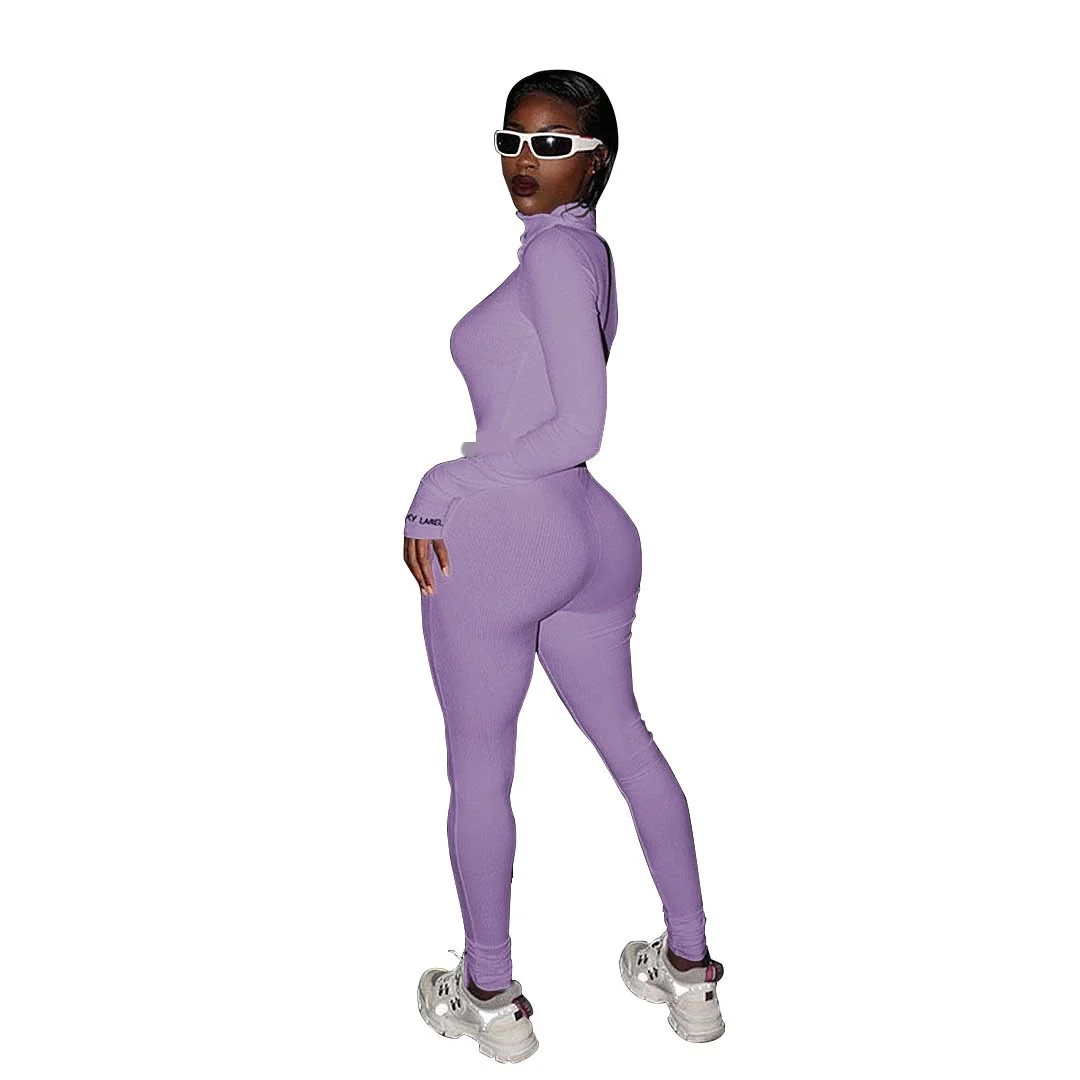 Fashion Workout Active Wear Ribbed Rompers Womens Jumpsuit Long Sleeve Fitness Embroidery Lucky Label Letter Zipper Jumpsuits - Image 2