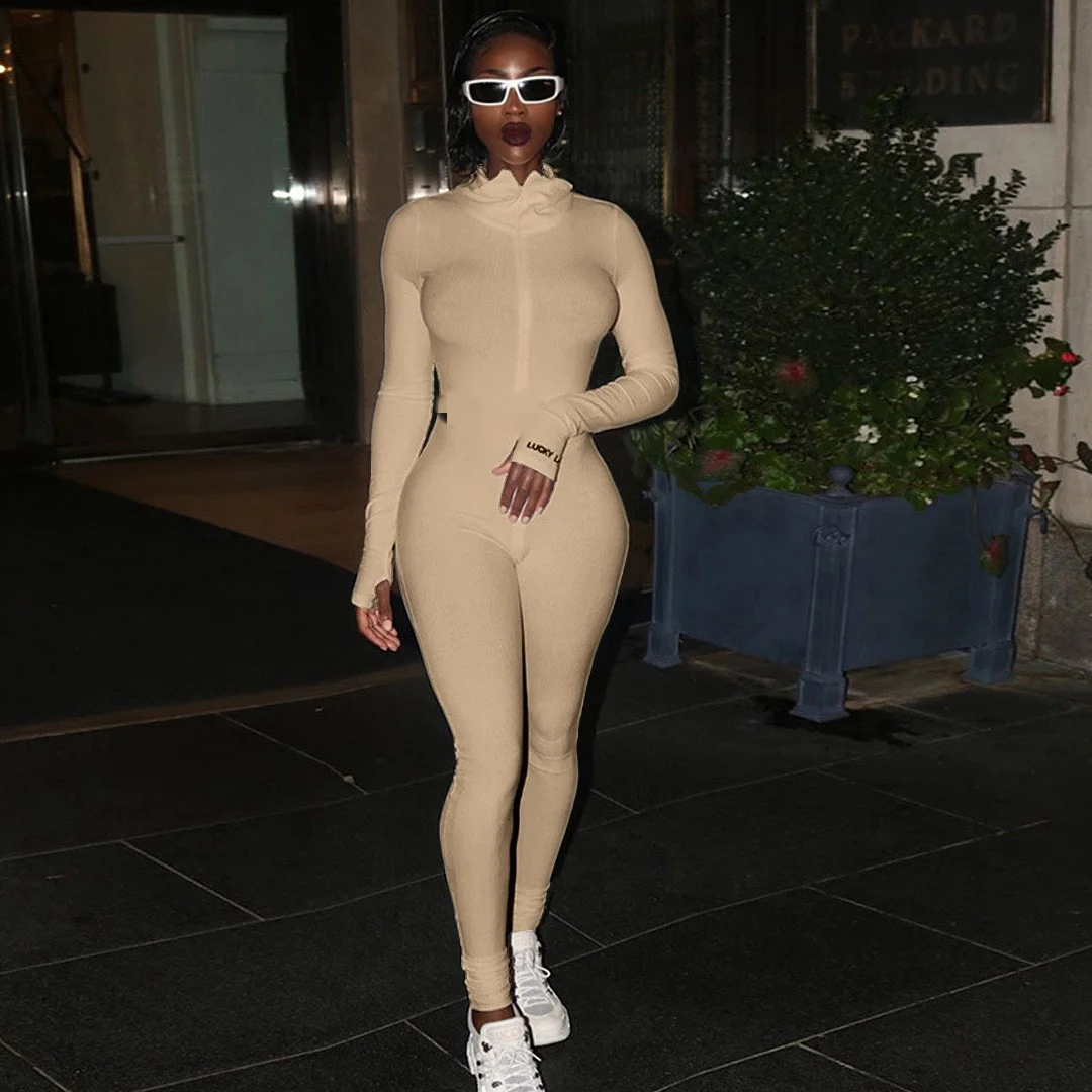 Fashion Workout Active Wear Ribbed Rompers Womens Jumpsuit Long Sleeve Fitness Embroidery Lucky Label Letter Zipper Jumpsuits - Image 5