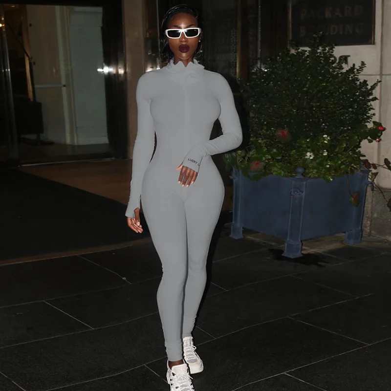 Fashion Workout Active Wear Ribbed Rompers Womens Jumpsuit Long Sleeve Fitness Embroidery Lucky Label Letter Zipper Jumpsuits - Image 4