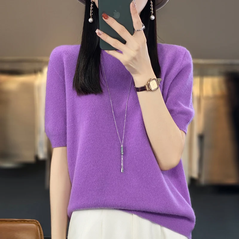 First-line ready-to-wear 100% Merino wool knitted short-sleeved women's loose solid color slim commuter five-point cuff T-shirt - Image 2