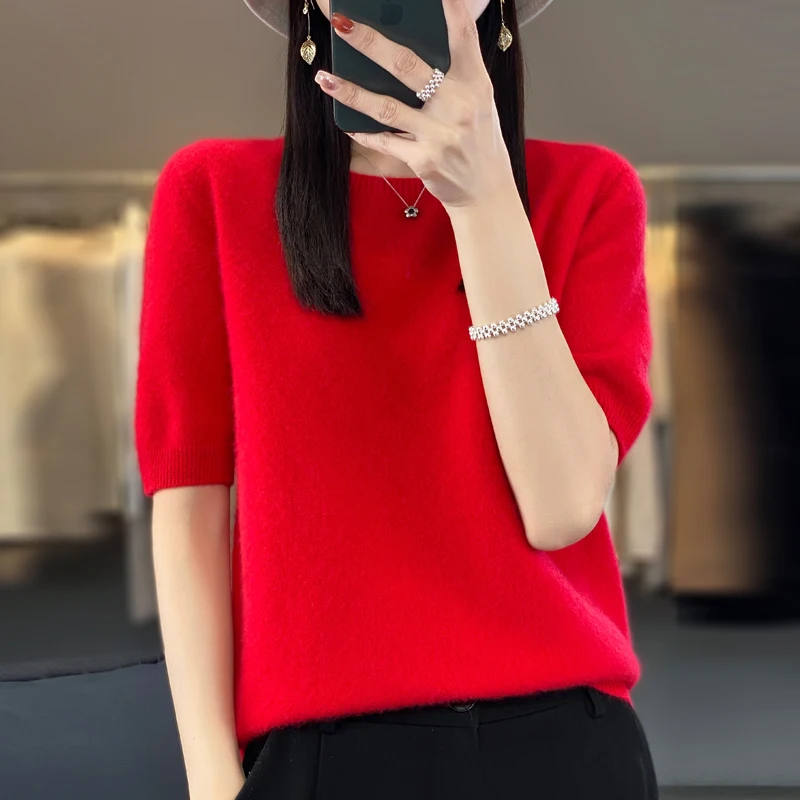First-line ready-to-wear 100% Merino wool knitted short-sleeved women's loose solid color slim commuter five-point cuff T-shirt - Image 6