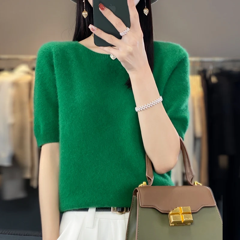 First-line ready-to-wear 100% Merino wool knitted short-sleeved women's loose solid color slim commuter five-point cuff T-shirt - Image 3