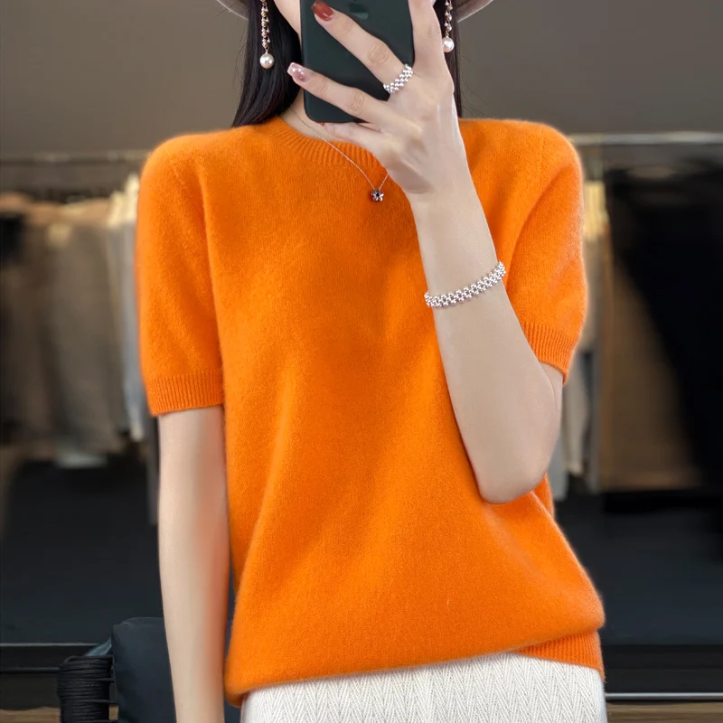 First-line ready-to-wear 100% Merino wool knitted short-sleeved women's loose solid color slim commuter five-point cuff T-shirt - Image 4