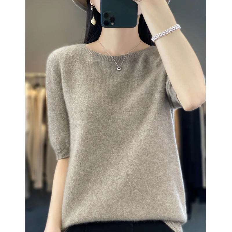 First-line ready-to-wear 100% Merino wool knitted short-sleeved women's loose solid color slim commuter five-point cuff T-shirt - Image 5