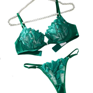 Floral Embroidery Sexy Lingerie Set Women Transparent Bralette Underwire Push Up Bra Panty 2 Piece Set