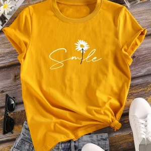 Flower & Letter Print Crew Neck T-Shirt Casual Short Sleeve T-Shirt for Summer Women's Clothing Comfortable Soft Creative Tops