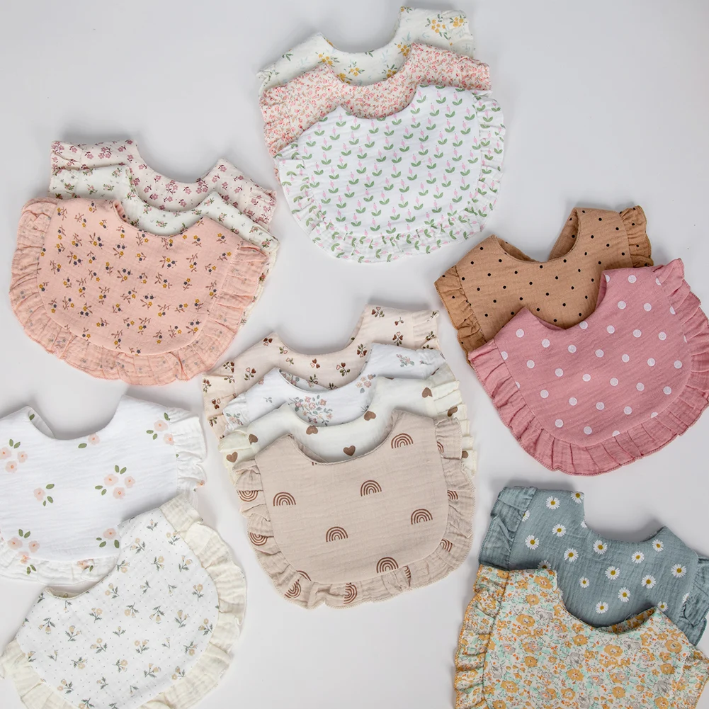 Flower Print Baby Bibs Adjustable Snap Saliva Towel Ruffled Edge Muslin Cotton Burp Cloths Rainbow A Grade Girls Feeding Scarf - Image 5