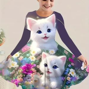 Girls Cute Cat Princess Dress, Long-Sleeved Kitten Print Dress, Casual Children's Cat Fashion Clothing, Theme Party Clothing