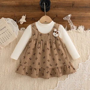Girls Daily Casual Playing Costume Spring Autumn Cute Bow Polka Dot Print Soft Knit Dress Baby Girl Long Sleeve Dress