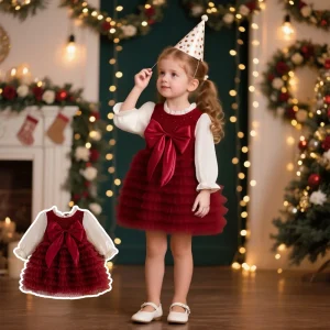 Girls' Dress Winter Lace Bow Long-Sleeve Baby Girl Dress Adorable First Birthday Baby Dress Baby Girl Clothes