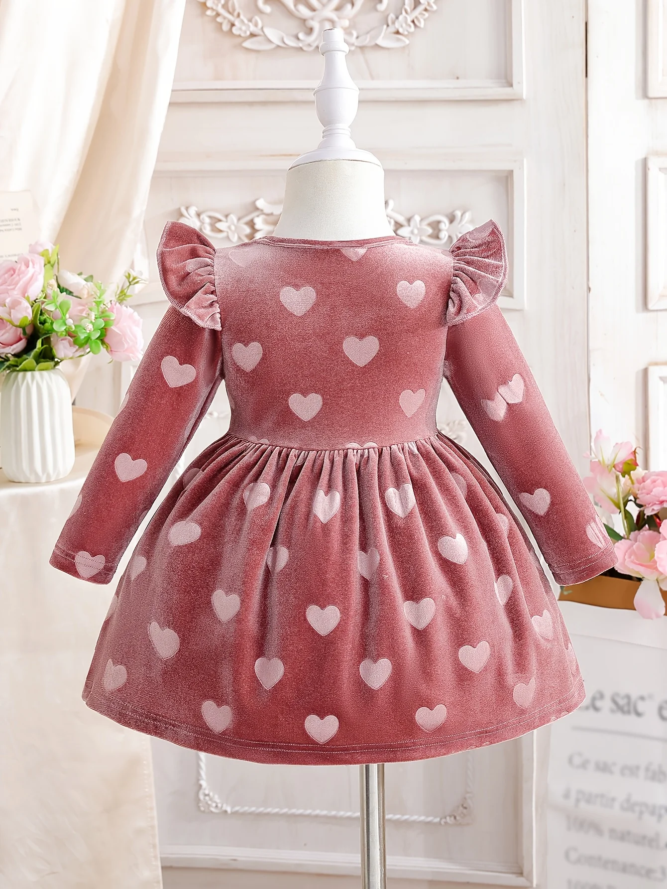 Girls Spring Autumn Flutter Sleeve Flocked Dress, Pink Heart, Daily Wear, Birthday/Valentine Gift, Girls & Baby Dress - Image 2
