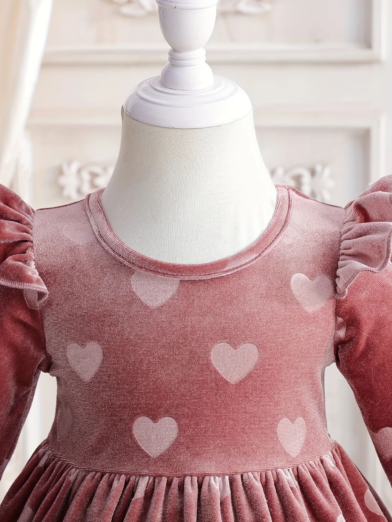 Girls Spring Autumn Flutter Sleeve Flocked Dress, Pink Heart, Daily Wear, Birthday/Valentine Gift, Girls & Baby Dress - Image 3