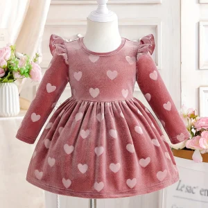 Girls Spring Autumn Flutter Sleeve Flocked Dress, Pink Heart, Daily Wear, Birthday/Valentine Gift, Girls & Baby Dress