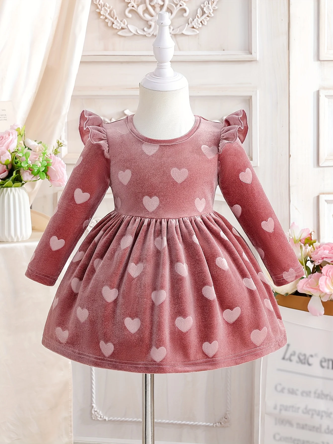 Girls Spring Autumn Flutter Sleeve Flocked Dress, Pink Heart, Daily Wear, Birthday/Valentine Gift, Girls & Baby Dress