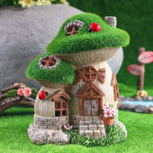 Green Flocked Mushroom House Sculpture with Solar Light Outdoor Garden&Yard Decorative Ornament Garden Decor Gifts