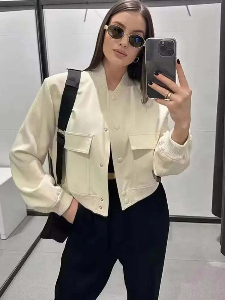 HH 2024 Women Elegant White Coat Long Sleeve Button Bomber Jacket Fashion Woman Casual Solid Office Lady Y2K Outerwear - Image 6