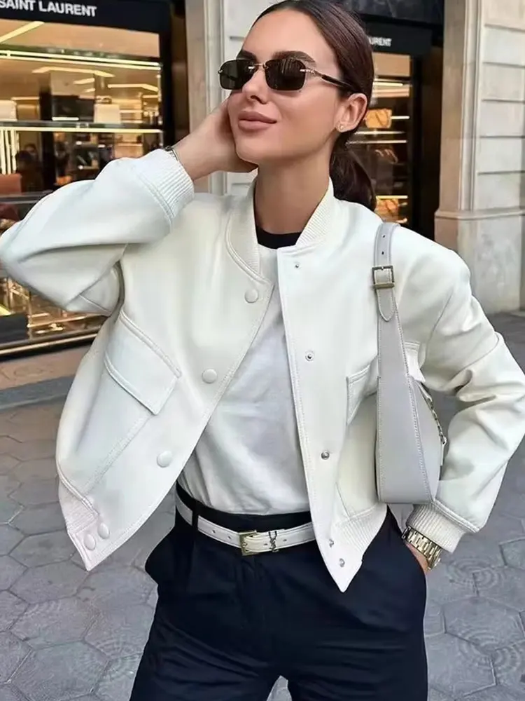 HH 2024 Women Elegant White Coat Long Sleeve Button Bomber Jacket Fashion Woman Casual Solid Office Lady Y2K Outerwear