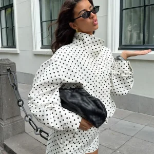 HH Woman Autumn Long Sleeves Turtleneck Zipper With Pockets Drawstring Casual Coats Women Fashion Polka Dot Printed Jacket