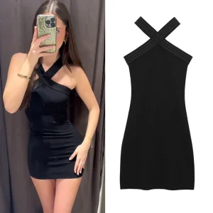 HXAO Black Halter Dresses 2025 Women's Spring Summer Elegant Short Dresses Fashion Casual Sexy Party Evening Mini Dress Vestidos