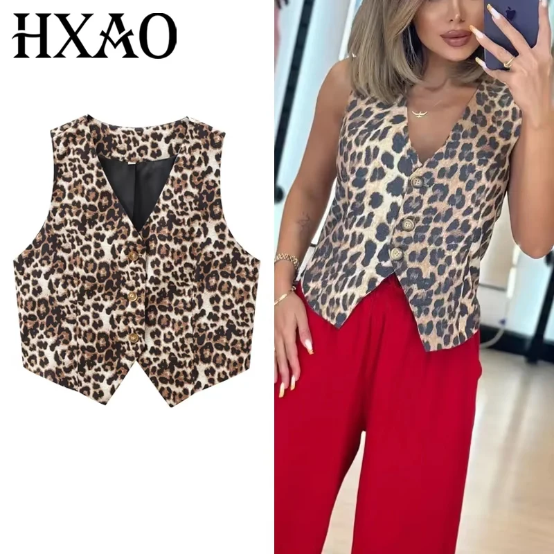 HXAO Leopard Women Vest Vintage Sleeveless Vest Woman Outerwears Animal Print Cropped Suit Vest V Neck Waistcoat Short Coats - Image 2