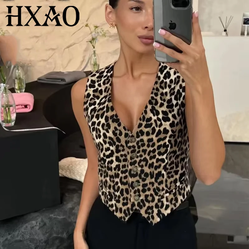 HXAO Leopard Women Vest Vintage Sleeveless Vest Woman Outerwears Animal Print Cropped Suit Vest V Neck Waistcoat Short Coats - Image 5