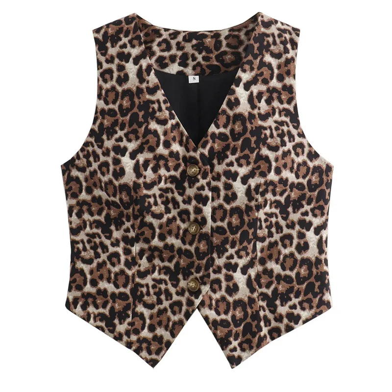 HXAO Leopard Women Vest Vintage Sleeveless Vest Woman Outerwears Animal Print Cropped Suit Vest V Neck Waistcoat Short Coats - Image 3