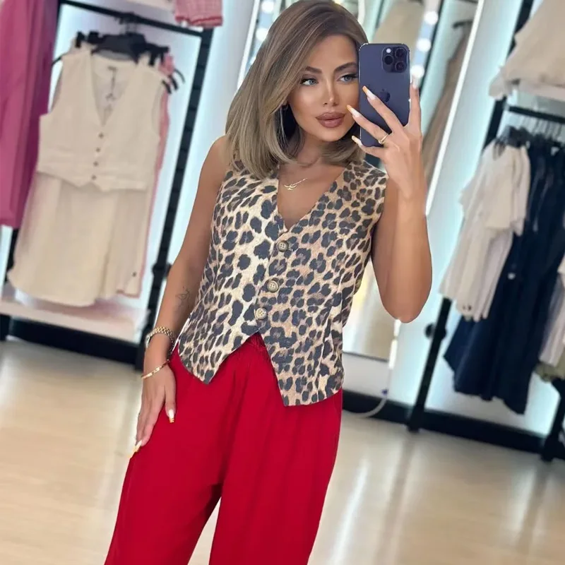HXAO Leopard Women Vest Vintage Sleeveless Vest Woman Outerwears Animal Print Cropped Suit Vest V Neck Waistcoat Short Coats - Image 6
