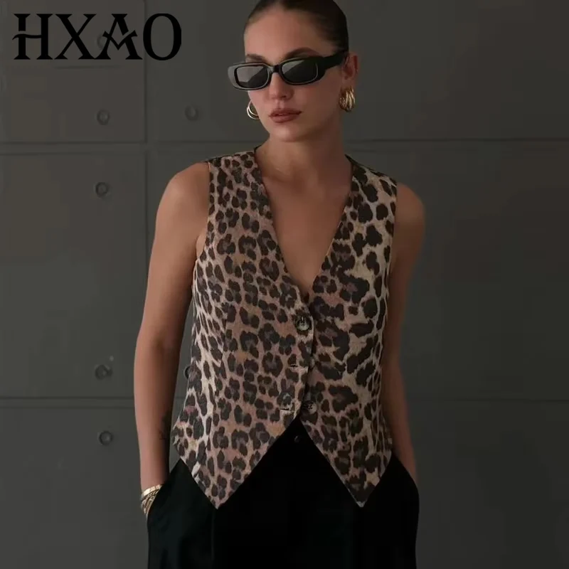 HXAO Leopard Women Vest Vintage Sleeveless Vest Woman Outerwears Animal Print Cropped Suit Vest V Neck Waistcoat Short Coats