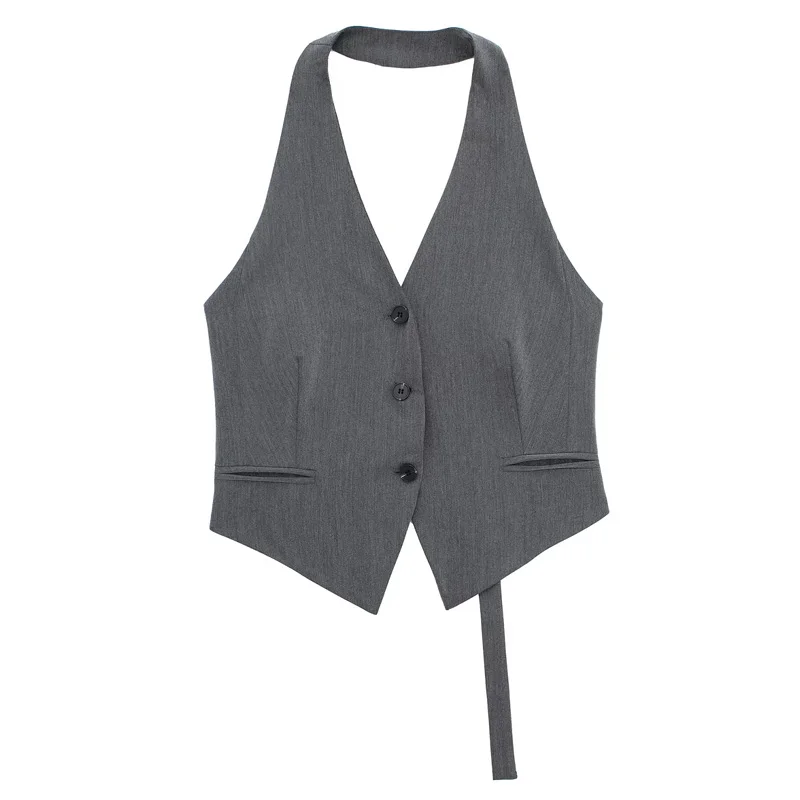 HXAO Women's Suit Vest Halter Neck Sleeveless Vest Woman Off Shoulder Black White Short Vest 2024 Casual Backless Formal Vests - Image 2