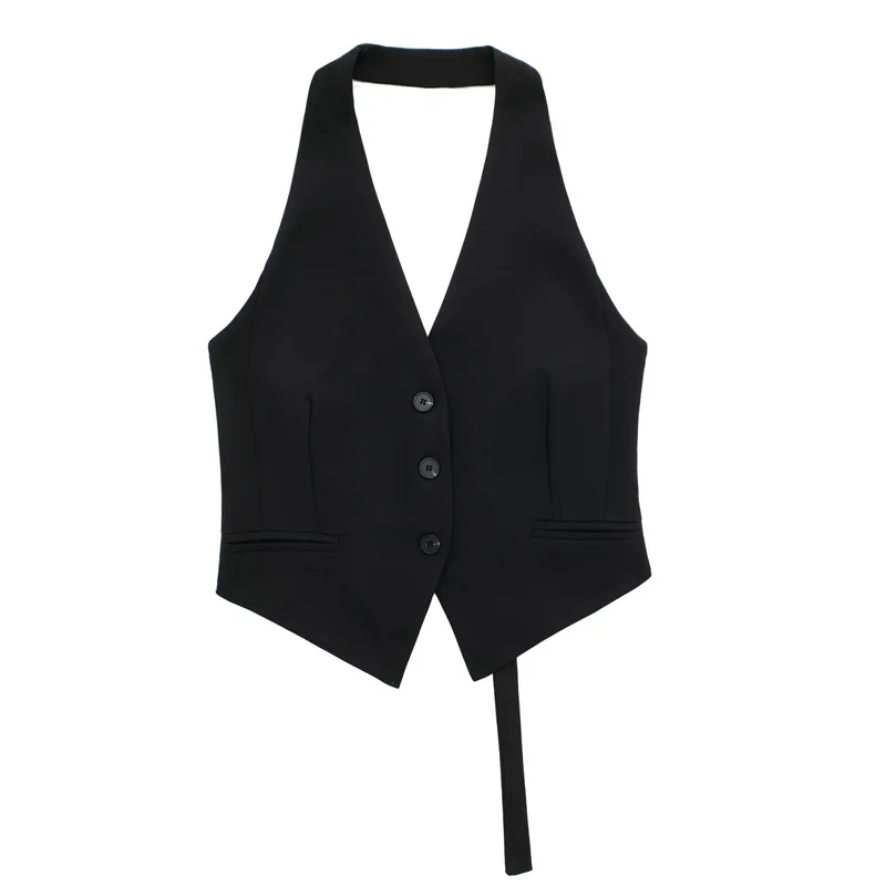 HXAO Women's Suit Vest Halter Neck Sleeveless Vest Woman Off Shoulder Black White Short Vest 2024 Casual Backless Formal Vests - Image 3