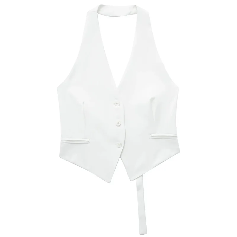HXAO Women's Suit Vest Halter Neck Sleeveless Vest Woman Off Shoulder Black White Short Vest 2024 Casual Backless Formal Vests - Image 4