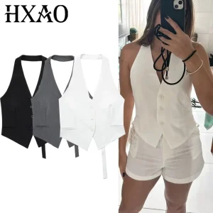 HXAO Women's Suit Vest Halter Neck Sleeveless Vest Woman Off Shoulder Black White Short Vest 2024 Casual Backless Formal Vests