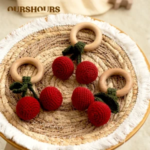 Handmade Crochet Fruit Rattle Toy for Babies Boys Girls Gifts Wood Ring Cherry Rattles Infant Teether for Newborn Music Toys