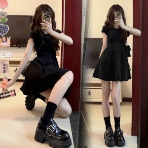 High-End Knit Petite Black Dress Spring Summer Waist-Cinching A-Line Slimming Short Pinup Style For Ladies