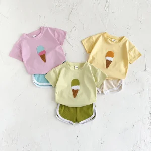 Hot Sale 2Pcs/set Baby Clothes Ice cream Patchwork T-Shirts+Loose Shorts Boys Girls Infant Sets Toddler Summer Kids Clothes