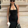 Hugcitar 2025 Elegant Halter Black Backless Sexy Bodycon Maxi Prom Dress Summer Women Y2K Clothes Wedding Birthday Party