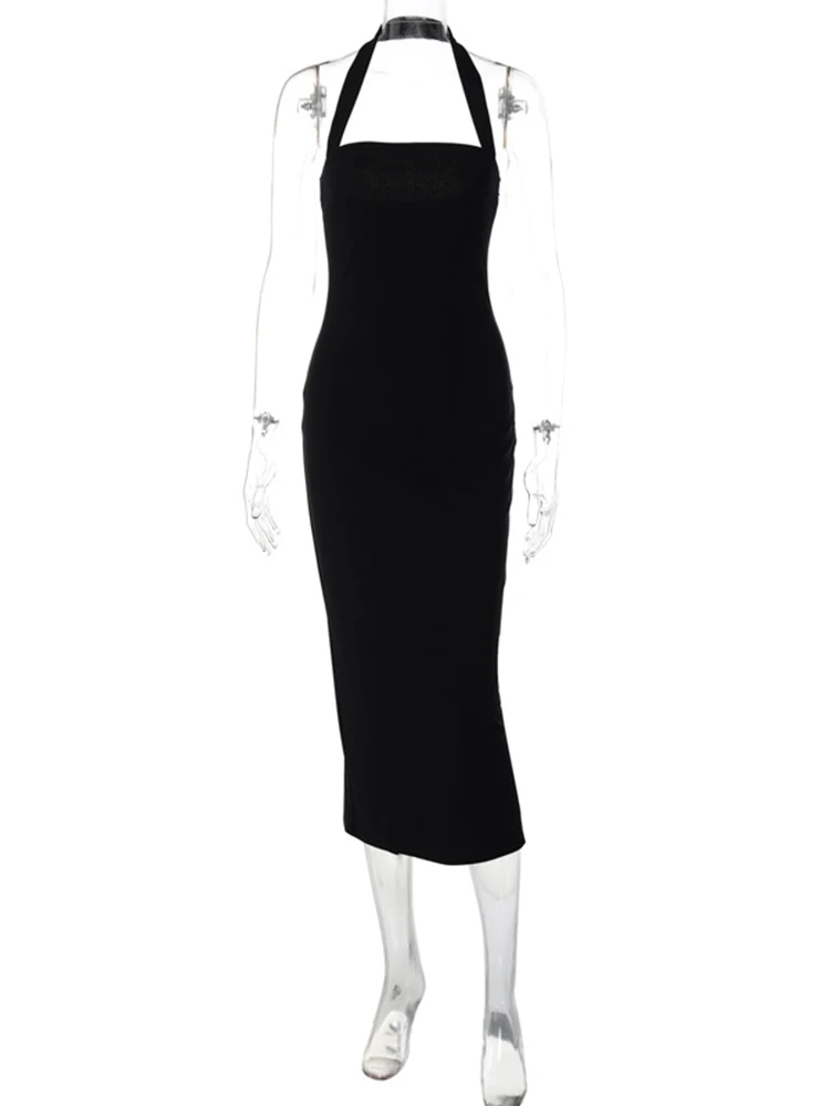 Hugcitar 2025 Elegant Halter Black Backless Sexy Bodycon Maxi Prom Dress Summer Women Y2K Clothes Wedding Birthday Party - Image 6