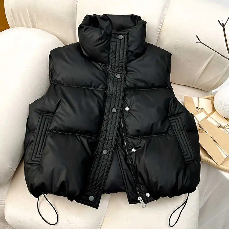 ITOOLIN Women Casual Solid Warm Sleeveless Vest Coat Mock Neck PU Thicken Jacket Button Up Loose Women Down Jacket Autumn Winter - Image 2
