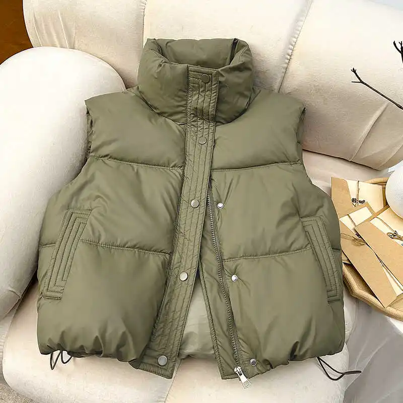 ITOOLIN Women Casual Solid Warm Sleeveless Vest Coat Mock Neck PU Thicken Jacket Button Up Loose Women Down Jacket Autumn Winter - Image 3