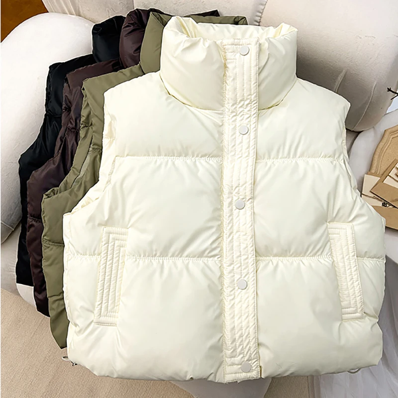 ITOOLIN Women Casual Solid Warm Sleeveless Vest Coat Mock Neck PU Thicken Jacket Button Up Loose Women Down Jacket Autumn Winter - Image 5