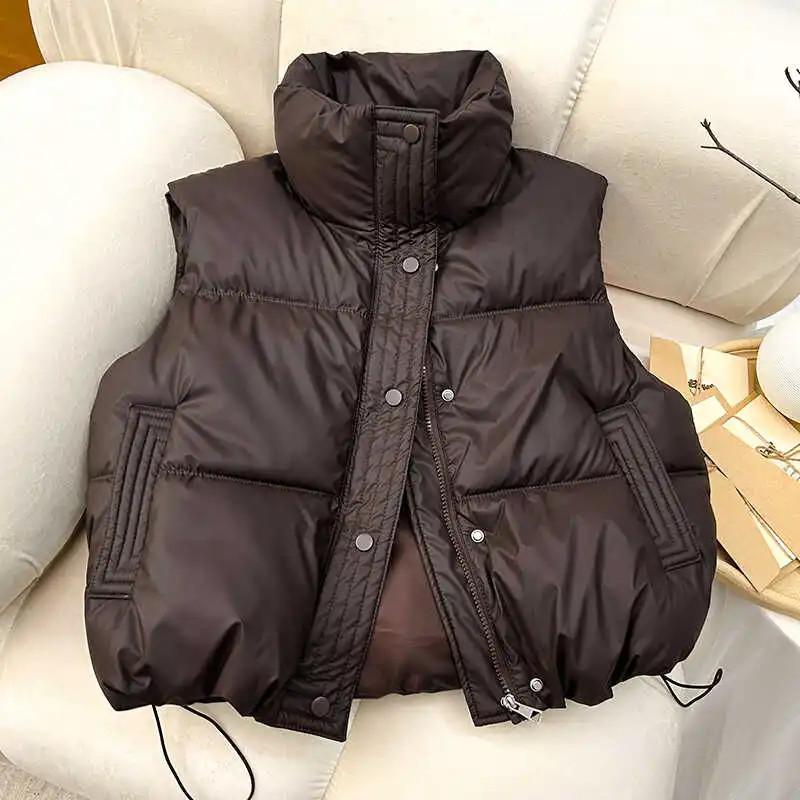 ITOOLIN Women Casual Solid Warm Sleeveless Vest Coat Mock Neck PU Thicken Jacket Button Up Loose Women Down Jacket Autumn Winter