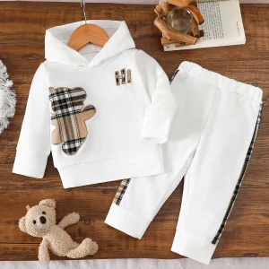 IURNXB 2pcs Baby Clothes Set Infant Cartoon Bear Plaid Patchwork Hoodie Top+Sweatpants Outfits Casual Children Sweatsuits 1-3Y