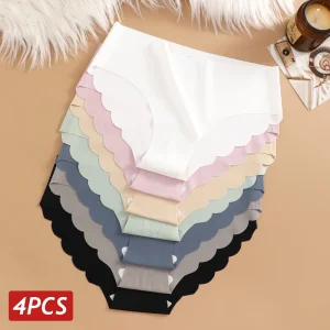 Ice Silk Seamless Panties 4PCS/Set Women's Briefs Solid Color Elastic Underwear Female Ultra Thin No Trace Wavy Side Panties