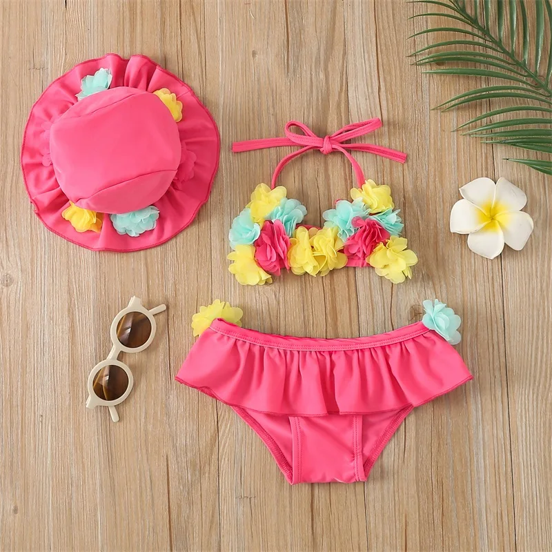 Infant Baby Girl Beach Swimsuit Flower Halter Neck Tops + Ruffle Shorts + Swim Caps 3pcs Bikini Set Summer Swimwear Bathing Suit - Image 2