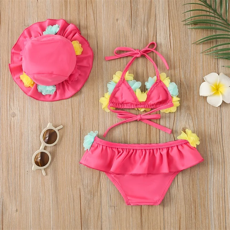 Infant Baby Girl Beach Swimsuit Flower Halter Neck Tops + Ruffle Shorts + Swim Caps 3pcs Bikini Set Summer Swimwear Bathing Suit - Image 3