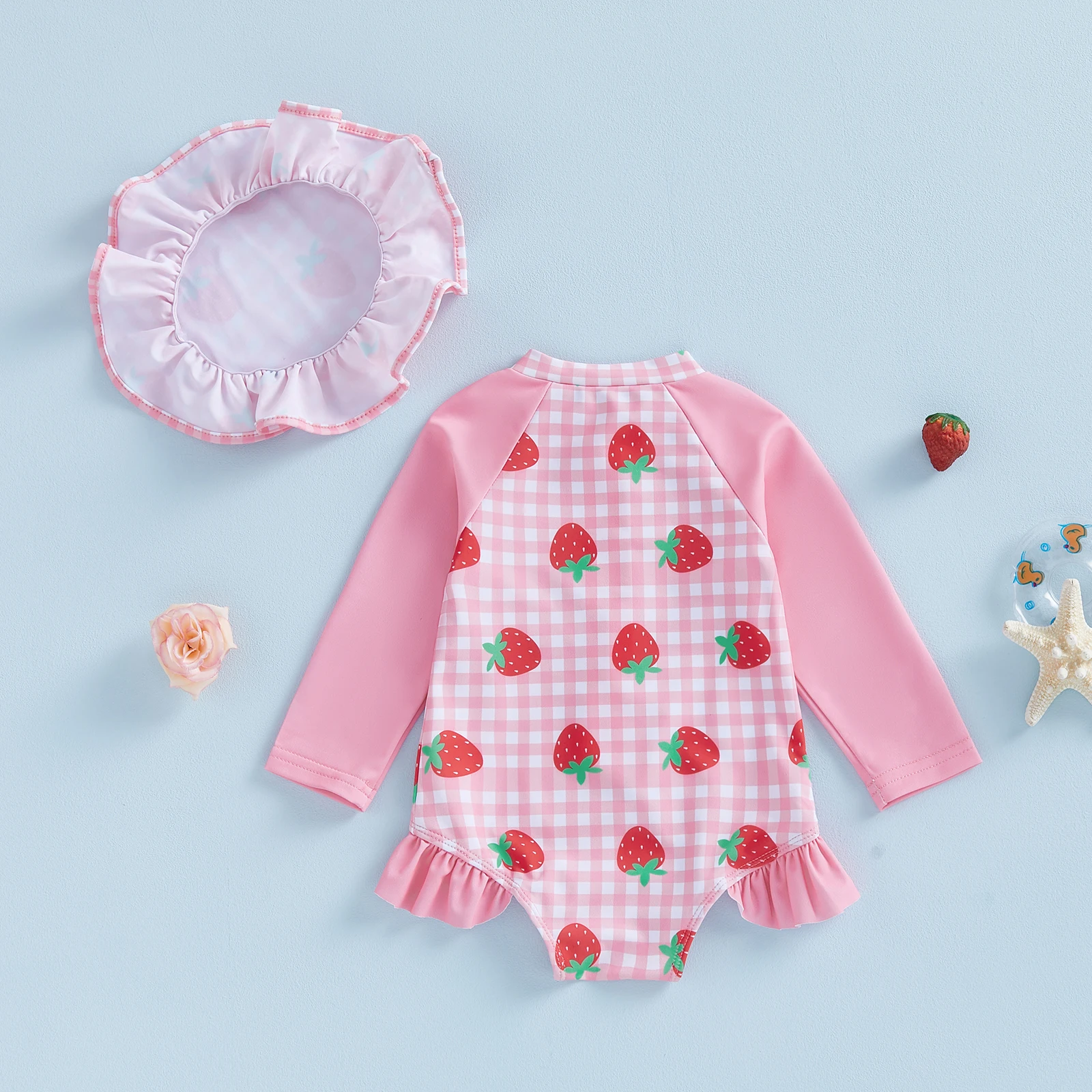 Infant Baby Girls Swimsuit Romper Long Sleeve Round Neck Strawberry Plaid Print Rash Guard Bathing Suit with Hat 2Pcs Set - Image 2