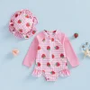 Infant Baby Girls Swimsuit Romper Long Sleeve Round Neck Strawberry Plaid Print Rash Guard Bathing Suit with Hat 2Pcs Set