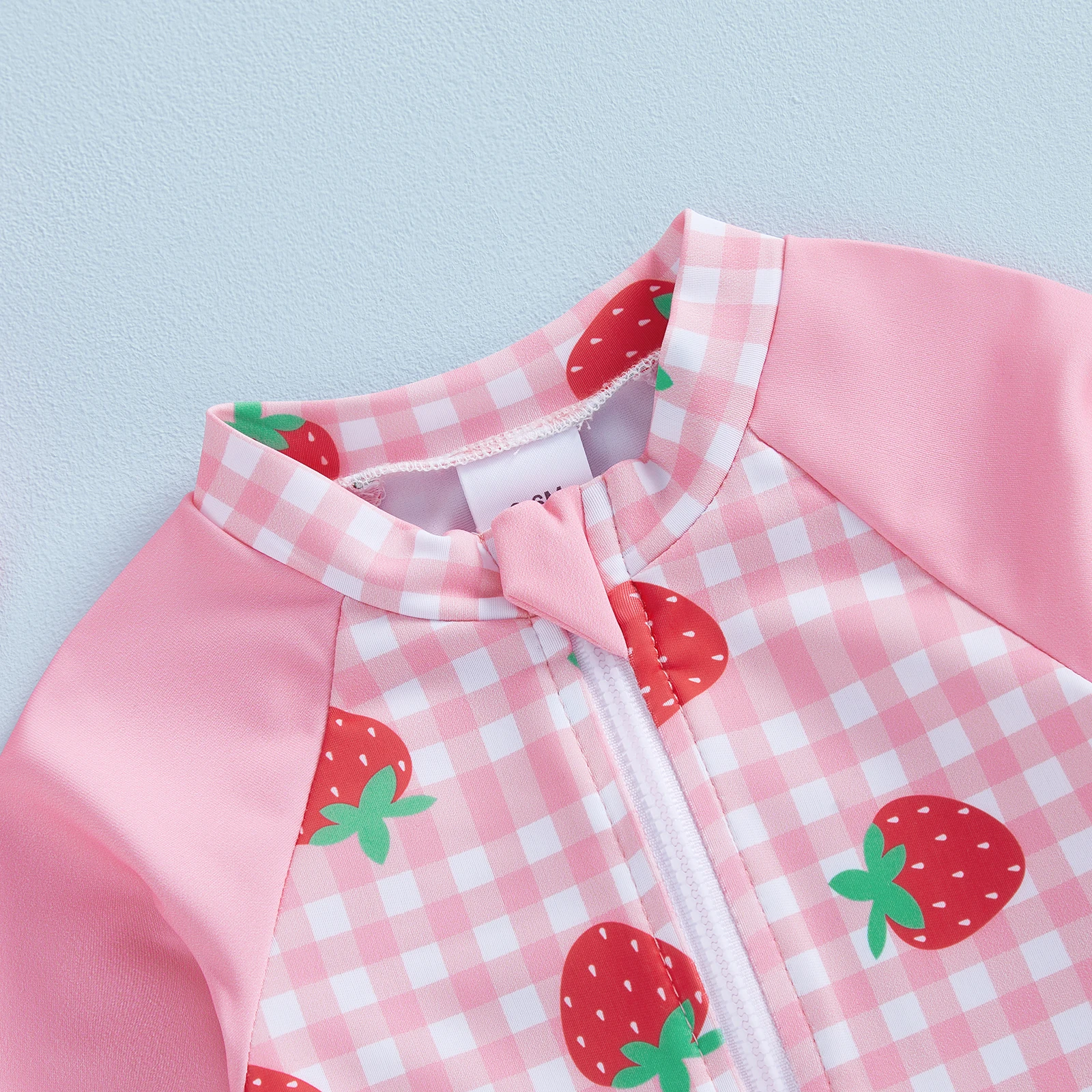 Infant Baby Girls Swimsuit Romper Long Sleeve Round Neck Strawberry Plaid Print Rash Guard Bathing Suit with Hat 2Pcs Set - Image 4